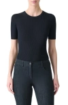 Akris Seamless Short Sleeve Silk & Cotton Rib Sweater In Blue