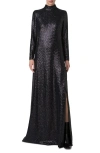 Akris Sequin Mock Neck Long Sleeve Gown In Black