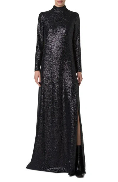 Akris Sequin Mock Neck Long Sleeve Gown In Black