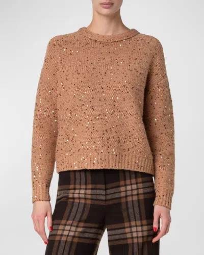 Akris Sequin Wool-cashmere Knit Crewneck Sweater In Camel