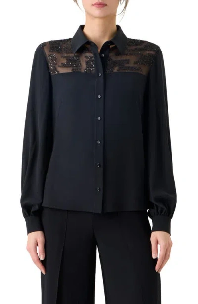 Akris Sequin Yoke Silk Crepe Button-up Shirt In Black