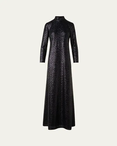 Akris Sequined Jersey High-neck Long Sleeve Gown In Black
