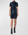 Akris Sequined Mock-neck Short-sleeve Mini Dress In Navy