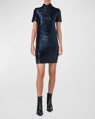 Akris Sequined Mock-neck Short-sleeve Mini Dress In Navy