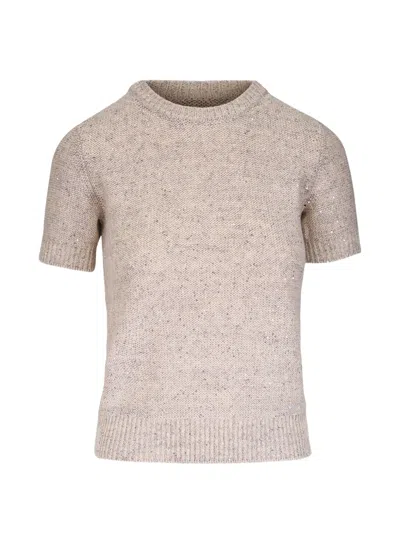 Akris Sequined Short Sleeve Linen Cotton Sweater In Gray