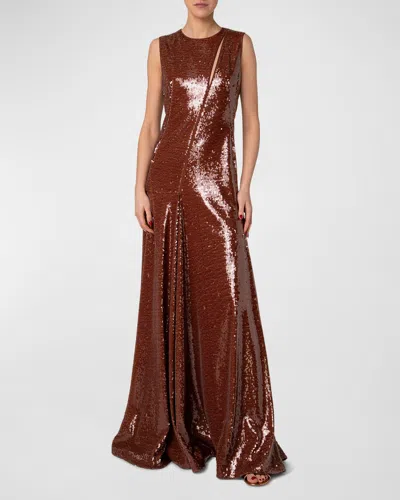 Akris Sequined Slash-cutout Sleeveless Gown In Vicuna