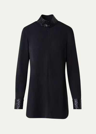 Akris Sequined Trim Mock Neck Silk Crepe Tunic Blouse In Black