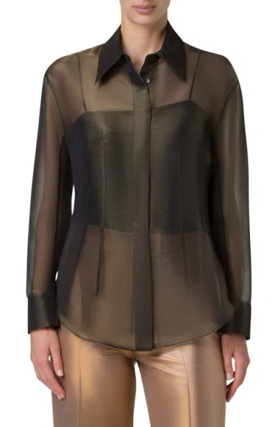 Akris Sheer Silk Organza Button-up Shirt In Black-gold