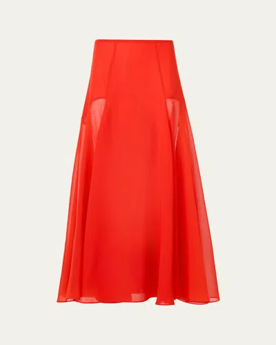 Akris Sheer Silk Organza Godet Midi Skirt In Red