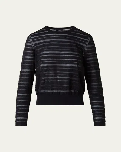 Akris Sheer Stripe Knit Crewneck Sweater In Black