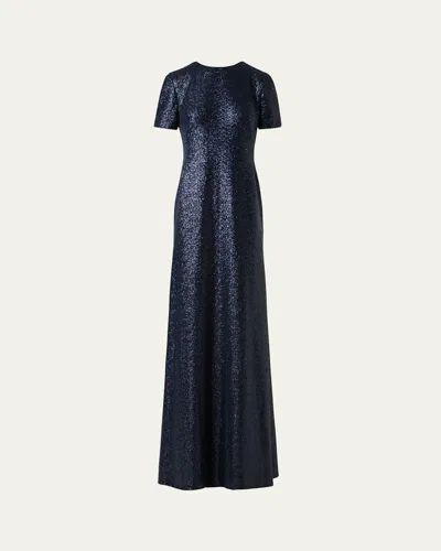 Akris Short-sleeve Stretch Paillette Jersey Gown In Navy