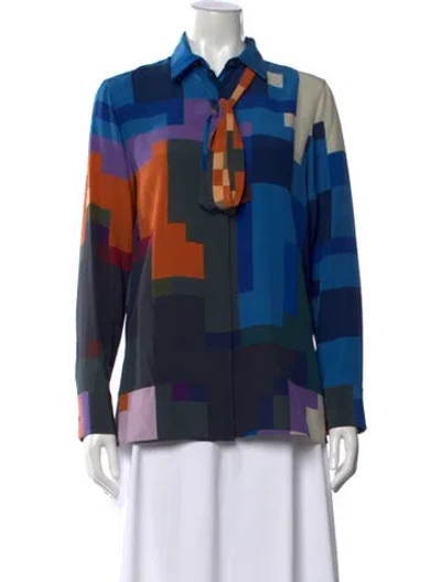 Pre-owned Akris Silk Colorblock Pattern Blouse In Blue