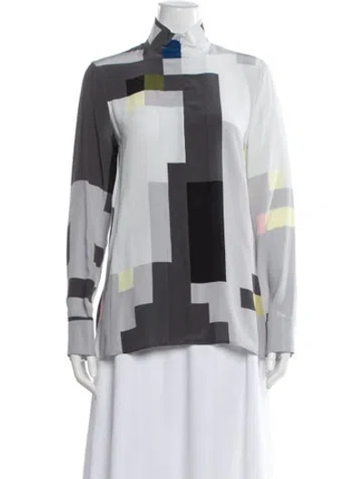 Pre-owned Akris Silk Colorblock Pattern Blouse In White