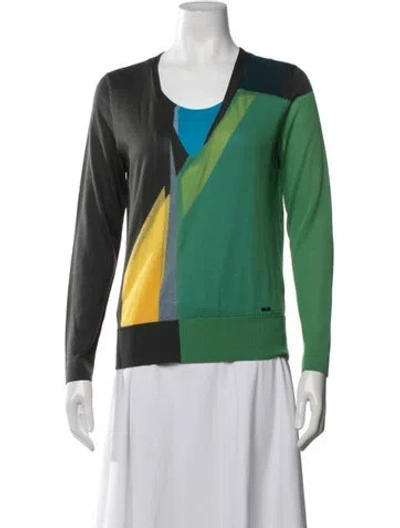 Pre-owned Akris Silk Colorblock Pattern Sweater In Green