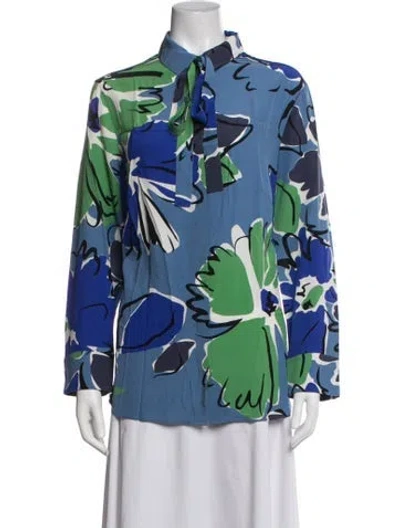 Pre-owned Akris Silk Floral Print Blouse In Blue