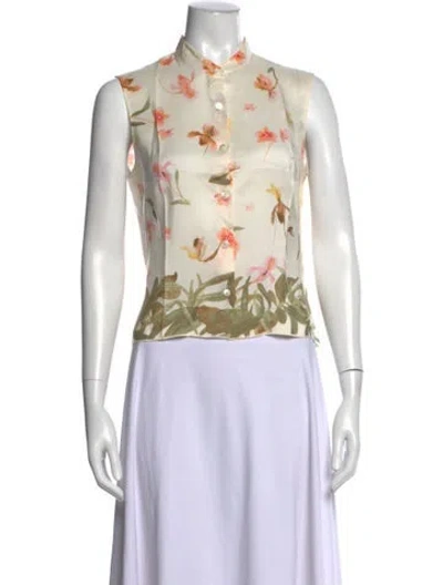 Pre-owned Akris Silk Floral Print Blouse In Yellow