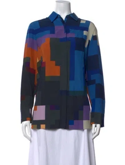 Pre-owned Akris Silk Graphic Print Button-up Top In Blue