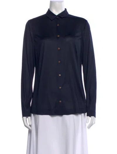 Pre-owned Akris Silk Long Sleeve Button-up Top In Blue
