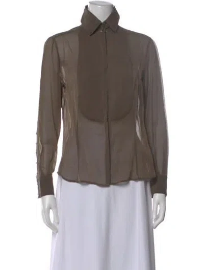Pre-owned Akris Silk Long Sleeve Button-up Top In Brown