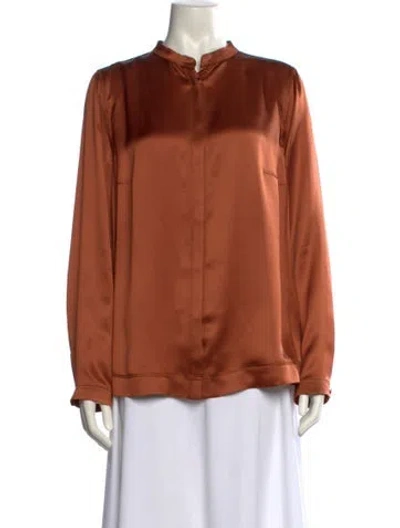 Pre-owned Akris Silk Mock Neck Button-up Top In Brown