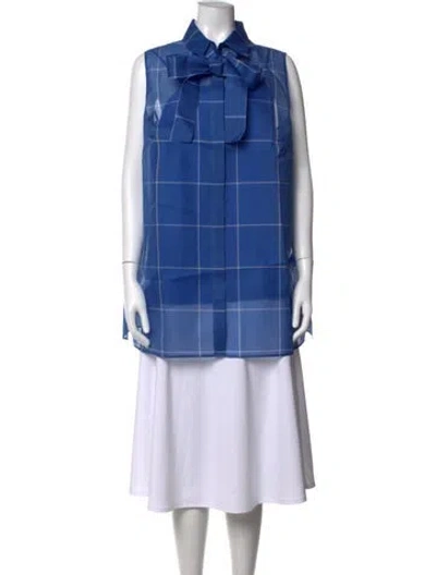Pre-owned Akris Silk Plaid Print Blouse In Blue
