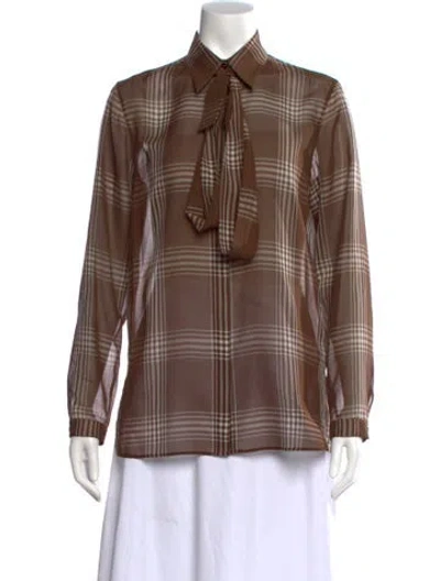 Pre-owned Akris Silk Plaid Print Button-up Top In Brown