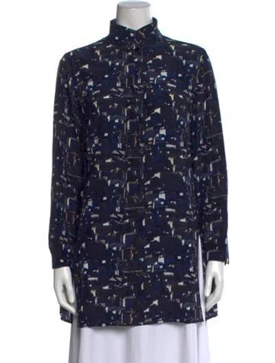 Pre-owned Akris Silk Printed Button-up Top In Blue