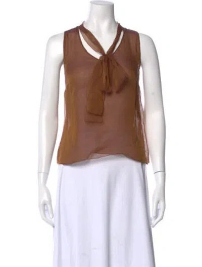 Pre-owned Akris Silk Tie Neck Top In Brown