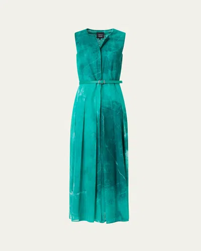 Akris Sleeveless Cotton Voile Belted Midi Dress In Blue