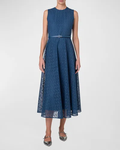 Akris Sleeveless Embroidered Lace Belted Midi Dress In Blue