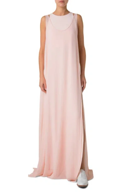AKRIS AKRIS SLEEVELESS SILK CREPE GOWN WITH SILK GEORGETTE OVERLAY