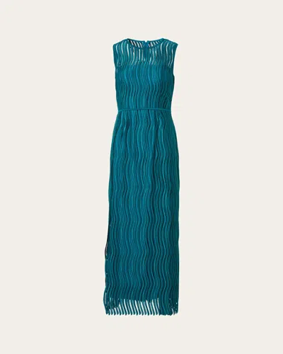 Akris Sleeveless Techno Wave Guipure Side-slits Gown In Blue