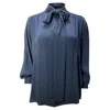 Akris Smocked Crepe De Chine Tie Neck Blouse In Navy Blue Polyester In Blue