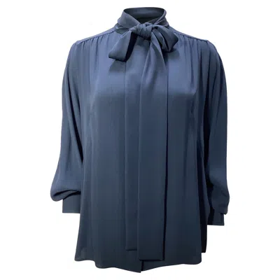 Akris Smocked Crepe De Chine Tie Neck Blouse In Navy Blue Polyester