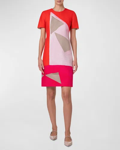 Akris Spectra-print Short-sleeve Cotton Silk Double-face Sheath Dress In Poppy-multicolor