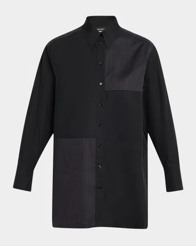 Akris Stitched Pleats Inset Cotton Poplin Oversized Shirt In Black