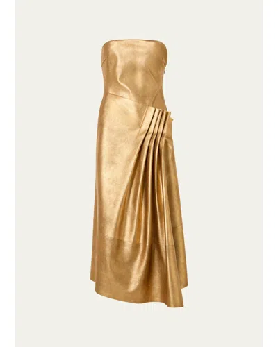 Akris Strapless Asymmetric Gathered Lamé Nappa Leather Midi Bustier Gown In Gold