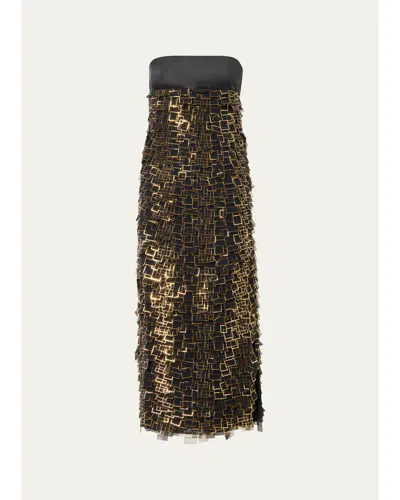 Akris Strapless Empire Layered Metallic Organza Midi Dress In Black/gold