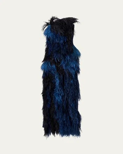 Akris Strapless Ostrich Feather Gown In Blue