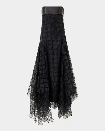 Akris Strapless Trapezoid Embroidered Organza Fringe Maxi Dress In Black
