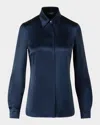 Akris Stretch Silk Satin Button-down Blouse In Blue