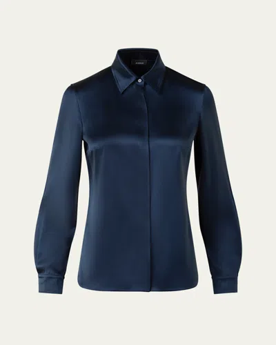 AKRIS STRETCH SILK SATIN BUTTON-DOWN BLOUSE