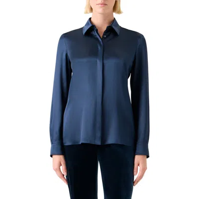 Akris Stretch Silk Satin Button-up Shirt In Blue
