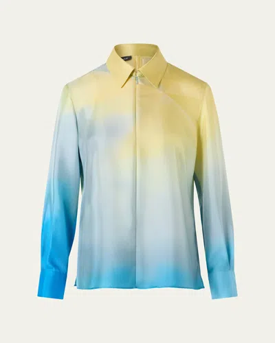 AKRIS SUNBEAM-PRINT SILK TWILL ZIP COLLARED BLOUSE