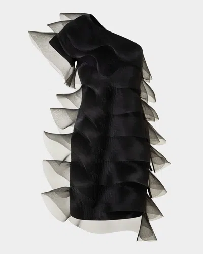 Akris Tiered Diagonal Crinoline Ruffles One-shoulder Mini Dress In Black