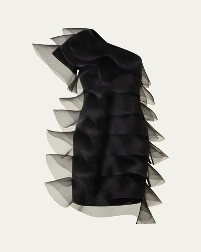 AKRIS TIERED DIAGONAL CRINOLINE RUFFLES ONE-SHOULDER MINI DRESS