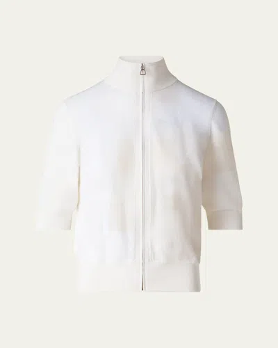 AKRIS TRAPEZE JACQUARD ELBOW-SLEEVE ZIP CARDIGAN