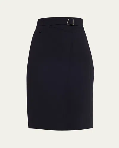 Akris Trapezoid Buckle Wrapped Wool Pencil Skirt In Navy