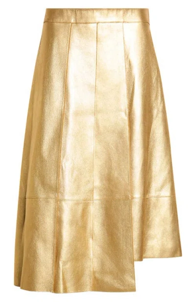 Akris Trapezoid Pleated Metallic Leather Midi Skirt In Gold