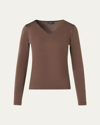 Akris V-neck Jersey Long-sleeve T-shirt In Brown